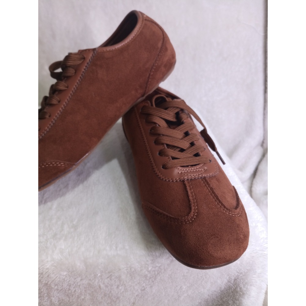 Top Moda Womens Brown Faux Suede Low Profile Lace Up Sneakers Athletic Flats - Picture 3 of 7